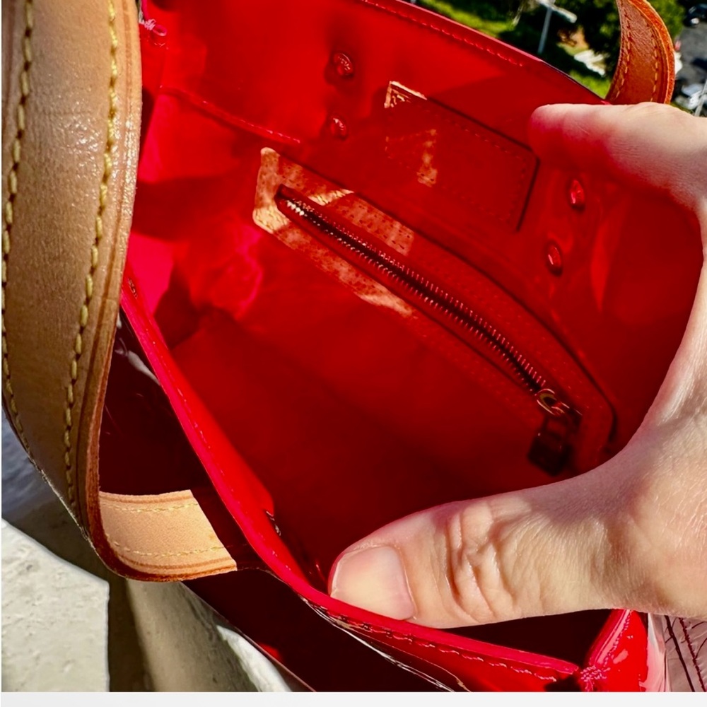 Authentic Louis Vuitton Red Vernis Monogram Tote Bag with Vachetta Handles - Picture 6 of 11